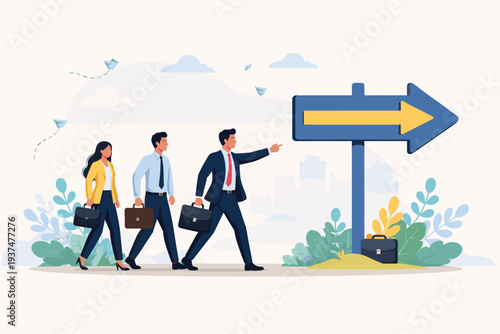 Business leader pointing the way to success for his team. Group of professionals walking towards a large arrow signpost representing strategy, career growth, corporate vision, and achievement.