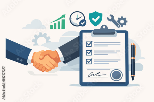 Business Service Level Agreement SLA Concept with Handshake, Checklist Clipboard, and Icons for Growth, Time, Security, and Maintenance for Professional Support Contract and Commitment.