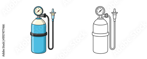 Oxygen cylinder with pressure gauge in colored cartoon style and black outline version in blue and white colors used for medical respiratory support on white background