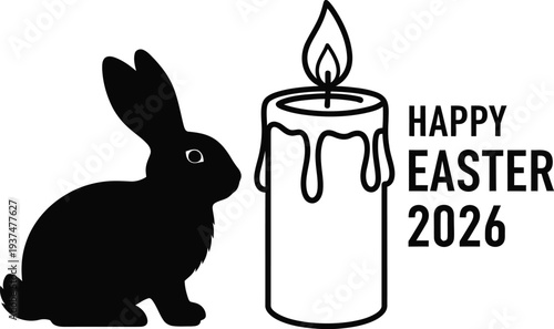 Black rabbit silhouette stands beside a tall, melting Easter candle.