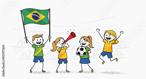 A colorful illustration of children celebrating with a Brazilian flag and soccer ball