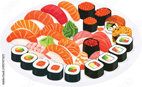 Assorted Sushi Platter with Nigiri and Rolls.