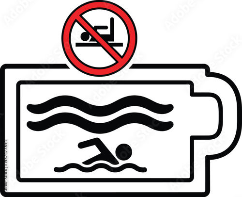 No swimming icon warns against entering water due to drowning risk.