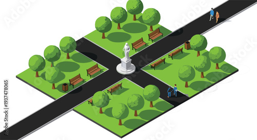 Isometric vector illustration of a city park with green trees wooden benches walking paths a central statue and people strolling through nature.