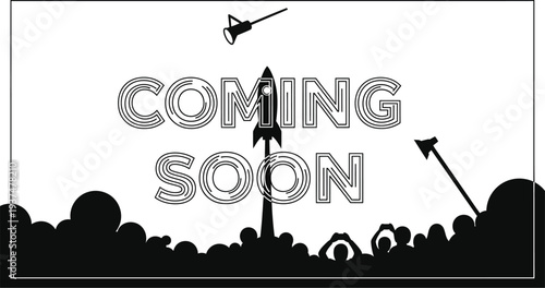 Rocket launch silhouette with crowd cheering below announces.