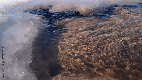 Close up clean stream of water flowing from icy spring into shallow river or creek among frozen ice-covered shores at sunny winter day. Aquatic and texture pattern natural background.