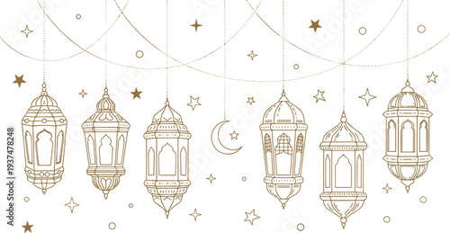 Gold line art vector illustration of hanging traditional Arabic lanterns with crescent moon and stars for Ramadan Kareem and Islamic holiday celebrations.