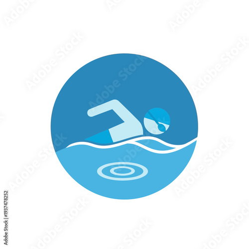 Illustration of a swimmer with a swim cap and goggles in water.