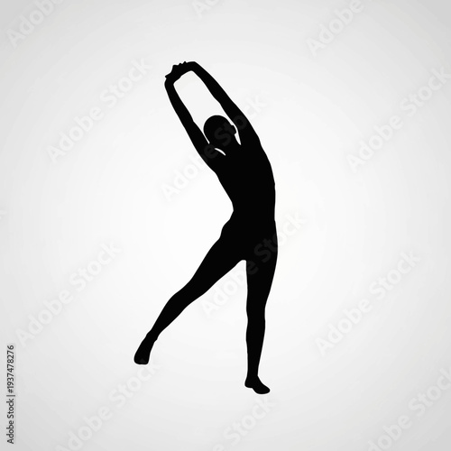 Silhouette of a woman stretching with arms raised above her head.