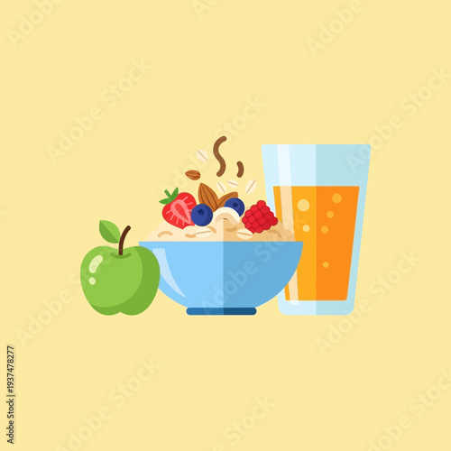 Bowl of oatmeal with berries, nuts, and a glass of orange juice.