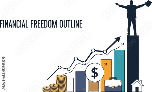 Businessman silhouette stands atop rising bar chart toward financial.