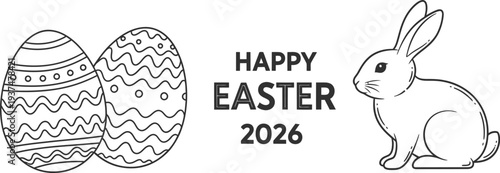 Two decorated Easter eggs sit beside a rabbit and the text Happy.