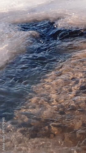 Vertical close-up shot clean stream of water flowing from spring into shallow river or creek among frozen ice-covered shores at sunny winter day. Aquatic and icy texture pattern natural background.