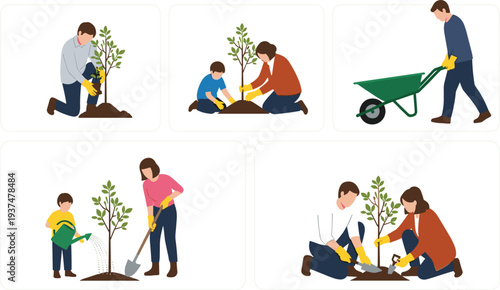 Flat vector illustration set of diverse people and families planting young trees together gardening working with shovels wheelbarrows and watering cans for ecology concepts.