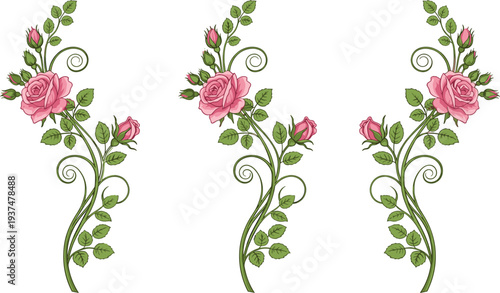 Elegant vector illustration set featuring pink rose flower bouquets with green leaves and decorative swirling vines isolated on a white background for romantic designs.