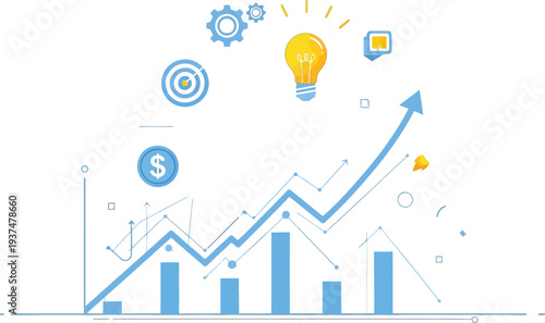 Abstract chart shows business growth with idea and money icons.