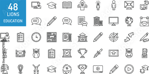 Comprehensive collection of forty eight minimalist education line icons featuring graduation caps, academic books, school buildings, student characters, and various university learning tools.