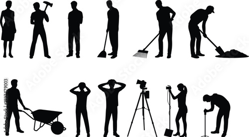 Workers silhouettes collection, construction labor people with tools, cleaning gardening photography job workers silhouettes set isolated illustration