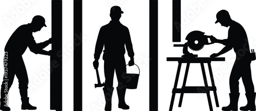 Construction workers silhouette set, carpenter, builder with tools, woodworking saw machine, manual labor, industrial construction work