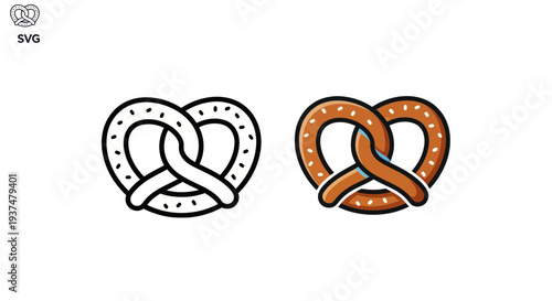 Two pretzels, one outline, one colored, on white background