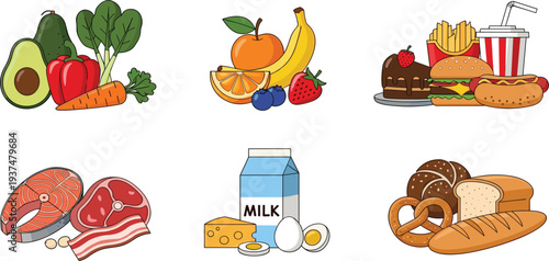 Healthy and Unhealthy Food Vector Illustration Set with Fruits Vegetables Fast Food Meat Dairy and Bakery Products Collection