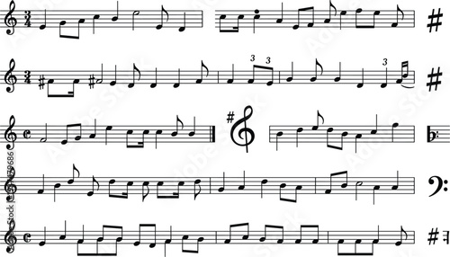 Black and white vector sheet music illustration featuring musical staves with various notes clefs accidentals and rhythmic symbols for classic melody composition concepts.