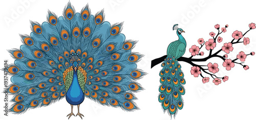 Elegant Peacock with Open Tail Feathers and Peacock on Blossom Branch Vector Illustration Set