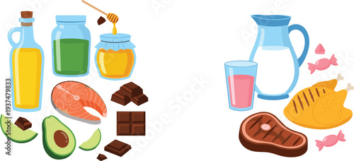 Ketogenic Diet Food Vector Illustration with Healthy Fats Protein Sources Dairy Meat Fish Avocado Oil and Low Carb Nutrition Collection