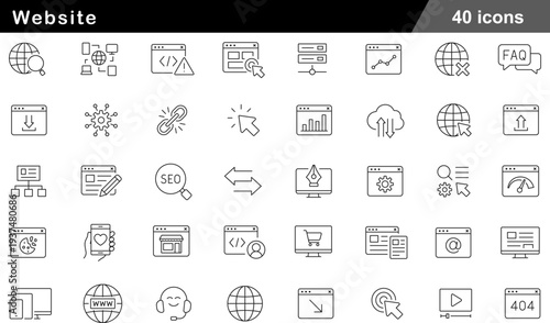 Website Thin Line Icons Set Web Development, SEO Analytics, E Commerce Platform, User Interface and Digital Performance Symbols for Online Business
