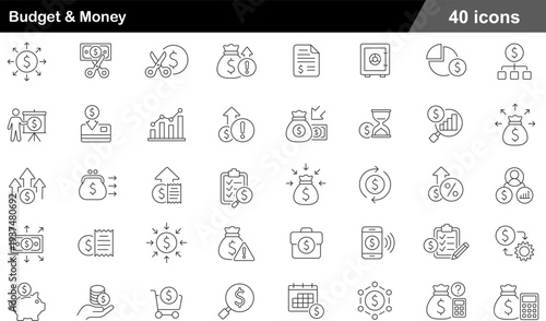 Budget and Money Thin Line Icons Set Financial Planning, Cost Management, Fiscal Oversight, Expense Tracking and Wealth Allocation Symbols for Strategy