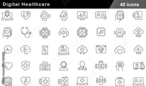 Digital Healthcare Thin Line Icons Set Telemedicine, Wearable Health Tech, Remote Patient Monitoring, Medical Apps and Connected Care Symbols for Modern Medicine