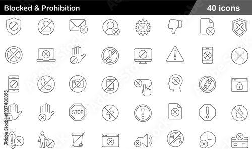 Blocked and Prohibition Thin Line Icons Set Access Denied, Security Restrictions, Safety Warnings, Forbidden Signs and Regulatory Symbols for Cybersecurity