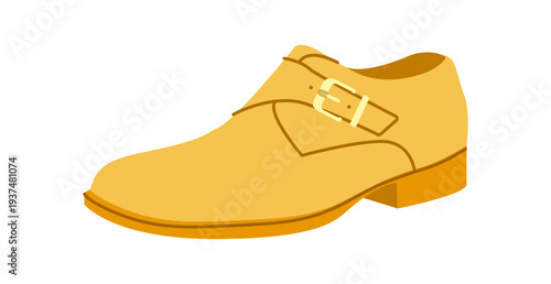 Monkstrap mens yellow flat buckle shoe. Single strap leather footwear with modern formal smart casual style. Technical illustration CAD mockup sketch vector outline isolated on white background.