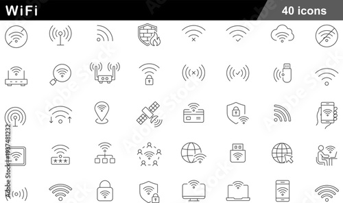 WiFi Thin Line Icons Set Wireless Connectivity, Signal Strength, Network Infrastructure, Router Symbols and Internet Security Icons for Digital Communication