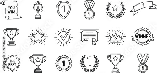 Minimalist black and white line art vector icon set featuring victory trophies, gold medals, achievement certificates, winner wreaths, and various championship success symbols.