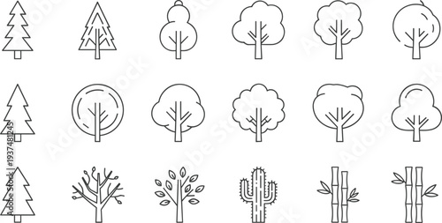 Minimalist black and white line art vector icon set featuring various tree species, pine trees, forest foliage, cactus, bamboo, and seasonal nature symbols.
