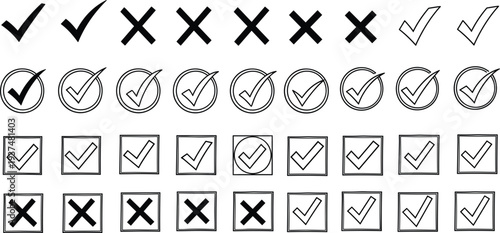 Large collection of black and white vector checkmark and cross mark icons featuring various styles like hand drawn outlines and bold symbols for UI design.