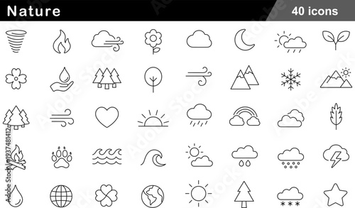 Nature Thin Line Icons Set Environmental Phenomena, Weather Symbols, Organic Elements, Landforms and Ecological Graphics for Sustainability