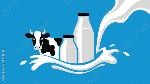 Dairy Cow Milk Bottles Illustration