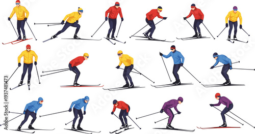 Large vector set of flat character illustrations featuring men and women cross country skiing in various action poses and colorful winter sports gear.