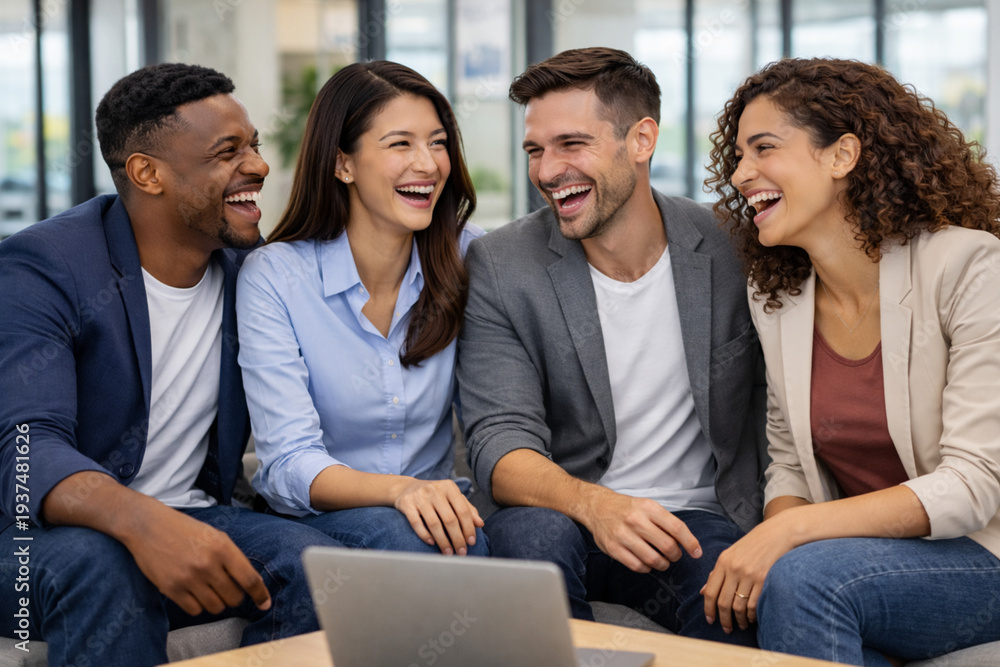 Fototapeta premium Business team smiling during collaborative office discussion