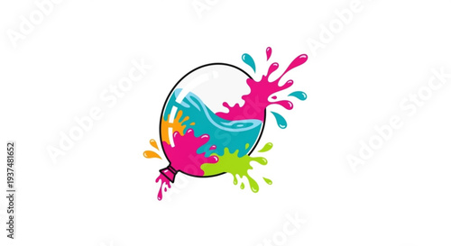 Colorful paint splashes around a blue circle with vibrant pink green and orange hues on white background
