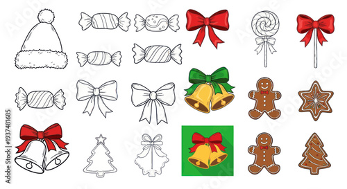 Christmas Symbols Collection: Hat, Bows, Candies, Bells, Gingerbread Man, Tree