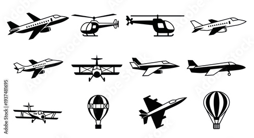 Collection of black and white silhouette aircraft and hot air balloons