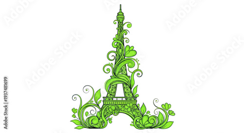 Eiffel Tower made of green leaves and vines, eco-friendly travel concept