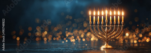 Menorah candle holder with nine lit candles glowing warmly on dark background with golden bokeh light, festive holiday celebration
