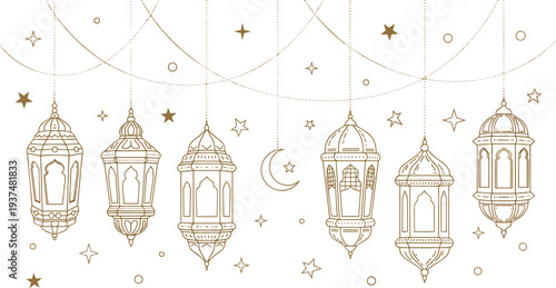 Gold line art vector illustration of hanging traditional Arabic lanterns with crescent moon and stars for Ramadan Kareem and Islamic holiday celebrations.