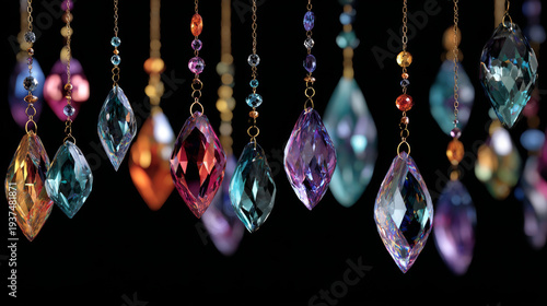 Colorful hanging crystal decoration with faceted shapes and beads on chains, sparkling beautifully against black background
