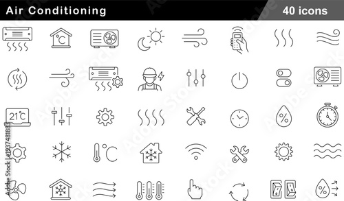 Air Conditioning Thin Line Icons Set HVAC Systems, Climate Control, Smart Thermostats, Cooling Technology and Indoor Air Management Symbols for Home and Industry