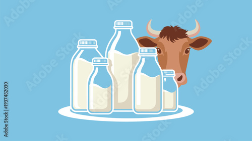 Fresh milk cow bottles illustration